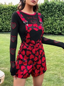 SHEIN Qutie 愛心圖案背帶連體短褲不帶T恤 - 彩色 - 查看 5