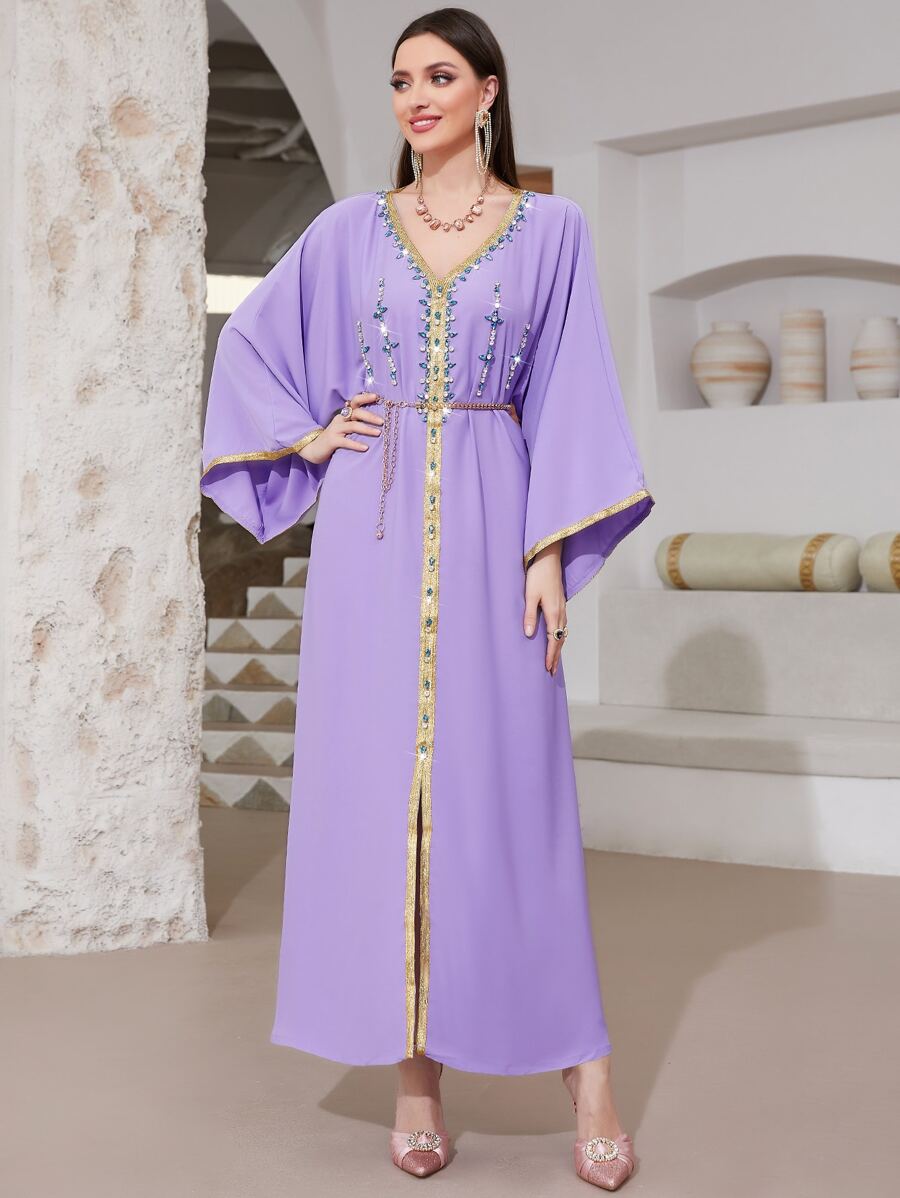 Al Najma Rhinestone Detail Contrast Trim Batwing Sleeve Dress With Chain - Lilac Purple - View 1