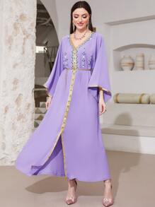 Al Najma Rhinestone Detail Contrast Trim Batwing Sleeve Dress With Chain - Lilac Purple - View 3