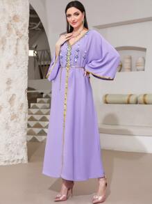 Al Najma Rhinestone Detail Contrast Trim Batwing Sleeve Dress With Chain - Lilac Purple - View 4