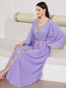 Al Najma Rhinestone Detail Contrast Trim Batwing Sleeve Dress With Chain - Lilac Purple - View 6