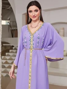 Al Najma Rhinestone Detail Contrast Trim Batwing Sleeve Dress With Chain - Lilac Purple - View 7