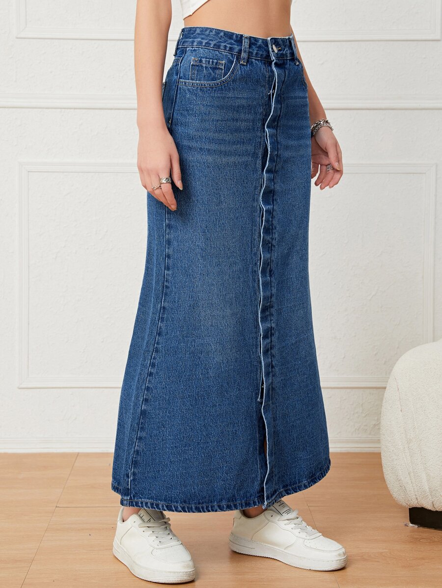 Split Back Mermaid Hem Denim Skirt - Dark Wash - View 1