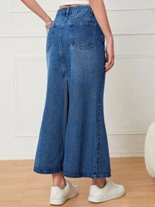 Split Back Mermaid Hem Denim Skirt - Dark Wash - View 2