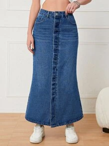 Split Back Mermaid Hem Denim Skirt - Dark Wash - View 3