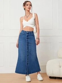 Split Back Mermaid Hem Denim Skirt - Dark Wash - View 5