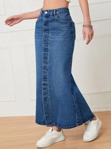 Split Back Mermaid Hem Denim Skirt - Dark Wash - View 6