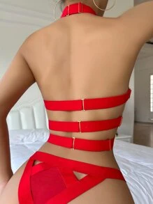 4pack Solid Cut Out Garter Lingerie Set With 1pair Leg Ring - Red - View 3