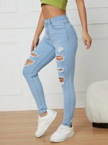 Ripped Skinny Jeans - Light Wash - View 1