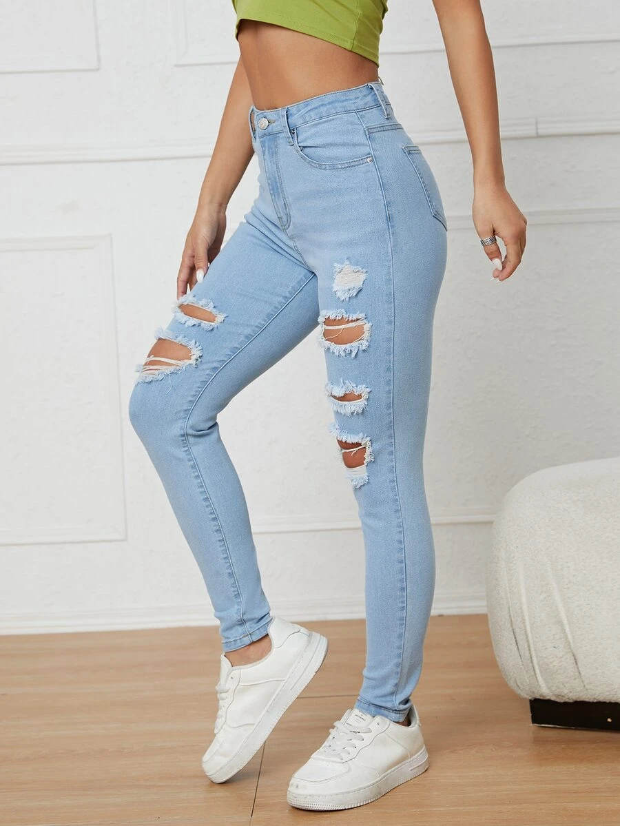Ripped Skinny Jeans - Light Wash - View 1