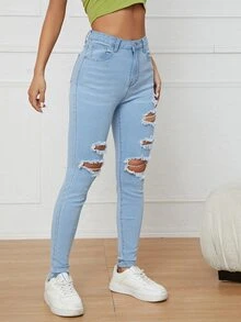 Ripped Skinny Jeans - Light Wash - View 5