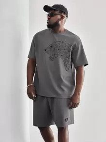 Manfinity VCAY Men Plus Lion Print Tee & Letter Patched Shorts - Grey - View 1