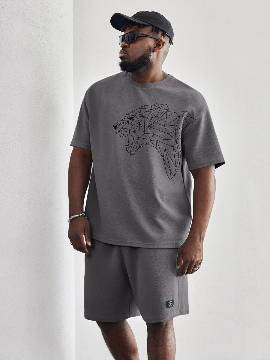 Manfinity VCAY Men Plus Lion Print Tee & Letter Patched Shorts - Grey - View 1