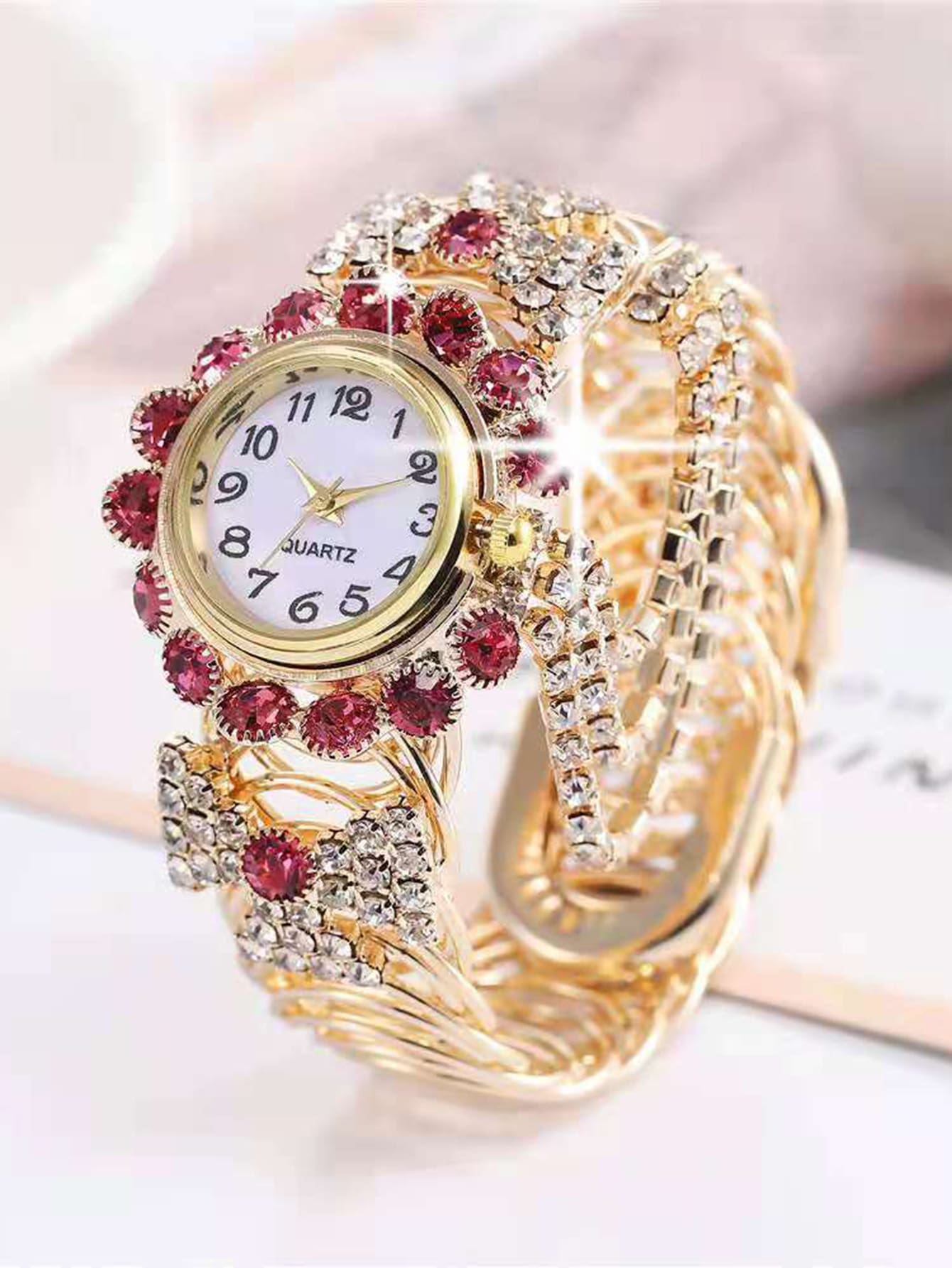 Đồng hồ thạch anh con trỏ tròn trang trí bằng đá rhinestone - Vàng - Xem 1