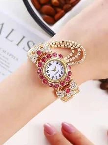 Đồng hồ thạch anh con trỏ tròn trang trí bằng đá rhinestone - Vàng - Xem 4