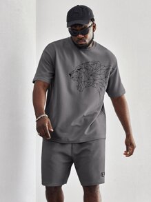 Manfinity VCAY Men Plus Lion Print Tee & Letter Patched Shorts - Grey - View 4