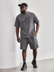 Manfinity VCAY Men Plus Lion Print Tee & Letter Patched Shorts - Grey - View 5