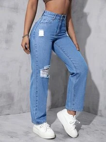 Ripped Straight Leg Jeans - Medium Wash - View 1