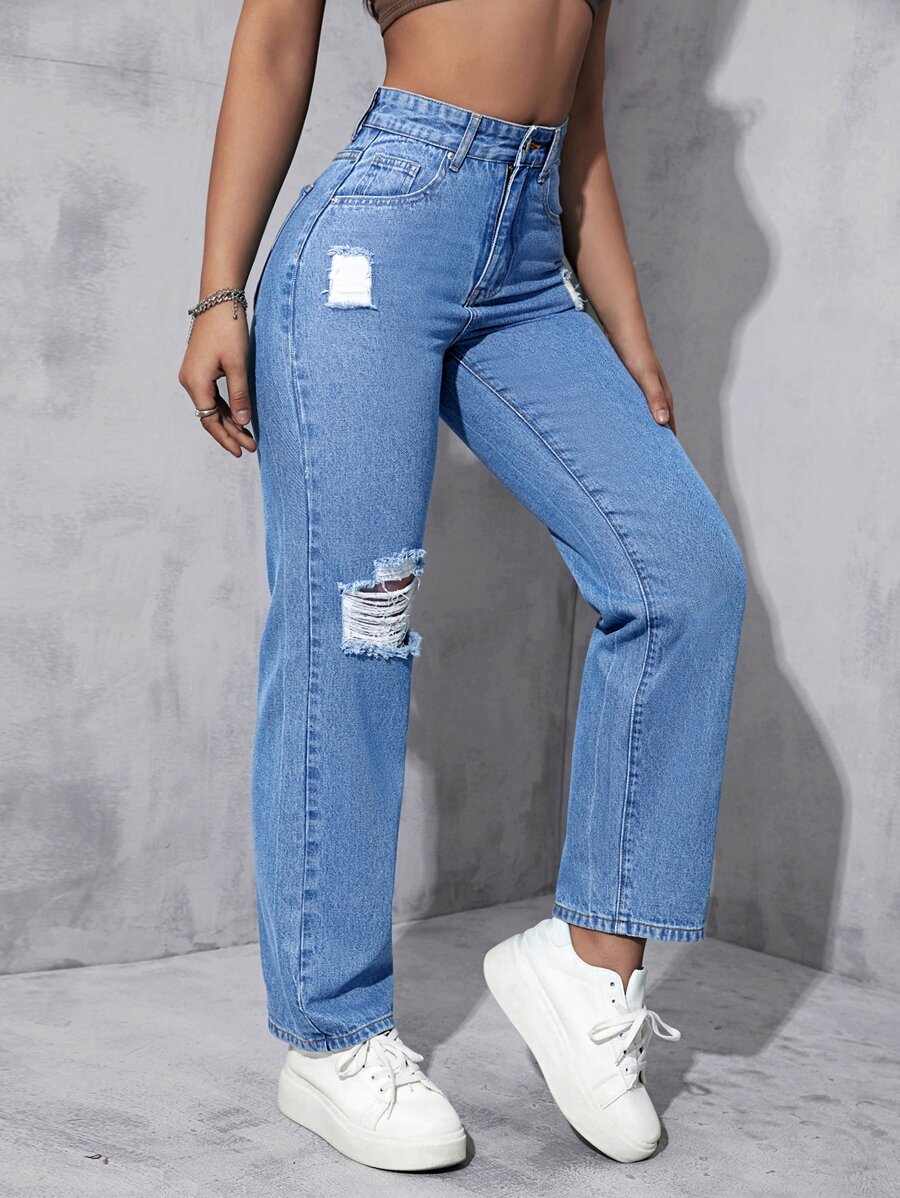 Ripped Straight Leg Jeans - Medium Wash - View 1