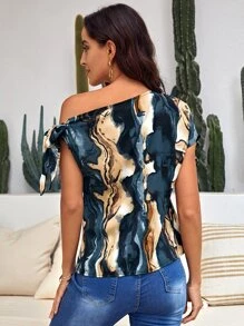 SHEIN LUNE Blusa con estampado de cuello asimétrico con diseño de nudo - Multicolor - Ver 2