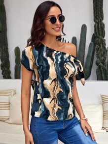SHEIN LUNE Blusa con estampado de cuello asimétrico con diseño de nudo - Multicolor - Ver 3