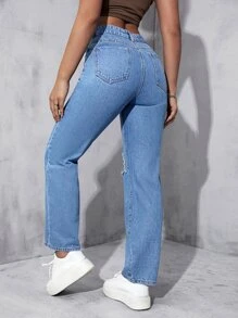 Ripped Straight Leg Jeans - Medium Wash - View 2