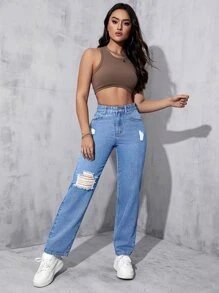 Ripped Straight Leg Jeans - Medium Wash - View 3