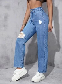 Ripped Straight Leg Jeans - Medium Wash - View 4