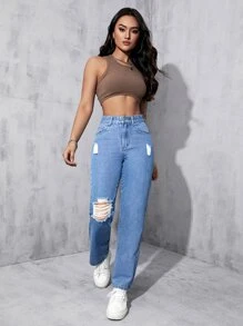 Ripped Straight Leg Jeans - Medium Wash - View 6