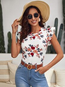 SHEIN Clasi Floral Print Butterfly Sleeve Tee - White - View 1