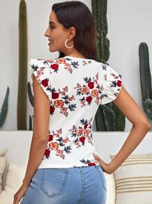 SHEIN Clasi Floral Print Butterfly Sleeve Tee - White - View 2