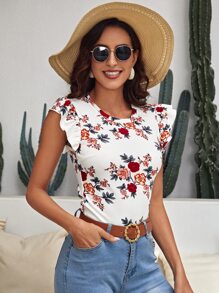 SHEIN Clasi Floral Print Butterfly Sleeve Tee - White - View 4