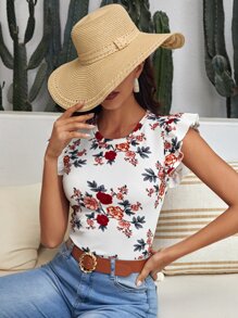 SHEIN Clasi Floral Print Butterfly Sleeve Tee - White - View 6