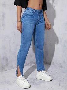 Split Hem Skinny Jeans - Medium Wash - View 1