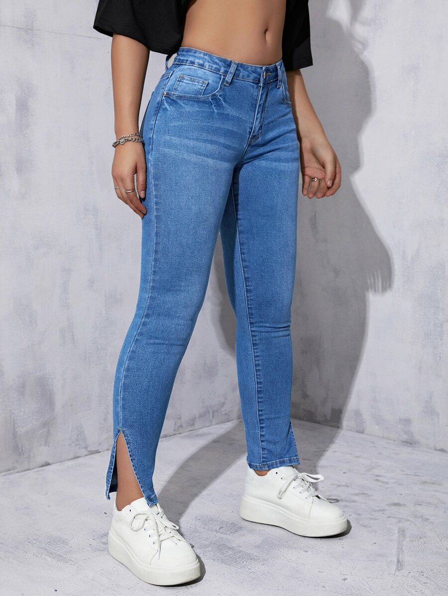 Split Hem Skinny Jeans - Medium Wash - View 1