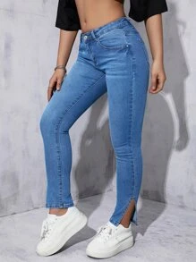 Split Hem Skinny Jeans - Medium Wash - View 4