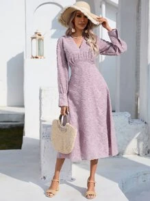 Aveloria Appliques Zipper Back V Neck A-line Dress - Purple - View 1