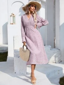 Aveloria Appliques Zipper Back V Neck A-line Dress - Purple - View 5