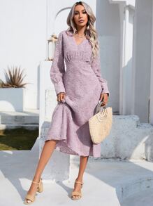 Aveloria Appliques Zipper Back V Neck A-line Dress - Purple - View 6