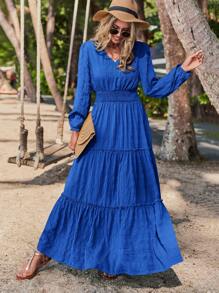 SHEIN LUNE Vestido de manga farol bajo con fruncido - azul real - Ver 1