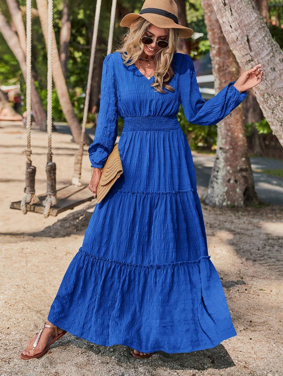 SHEIN LUNE Vestido de manga farol bajo con fruncido - azul real - Ver 1