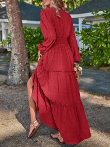 SHEIN LUNE Vestido de manga farol bajo con fruncido - Burdeos - Ver 2