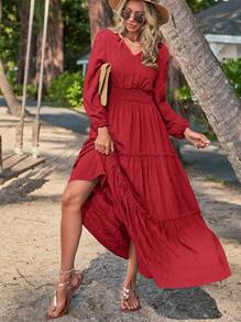 SHEIN LUNE Vestido de manga farol bajo con fruncido - Burdeos - Ver 3