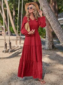 SHEIN LUNE Vestido de manga farol bajo con fruncido - Burdeos - Ver 5