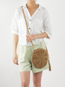Minimalist Hollow Out Straw Bag,Perfect For Summer Beach Travel Vacation - Khaki - View 1