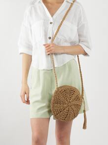 Minimalist Hollow Out Straw Bag,Perfect For Summer Beach Travel Vacation - Khaki - View 4
