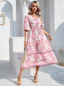 Aveloria Floral Print Puff Sleeve Dress - Apricot - View 1