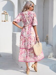 Aveloria Floral Print Puff Sleeve Dress - Apricot - View 2