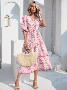 Aveloria Floral Print Puff Sleeve Dress - Apricot - View 4