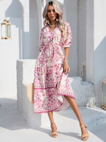 Aveloria Floral Print Puff Sleeve Dress - Apricot - View 5